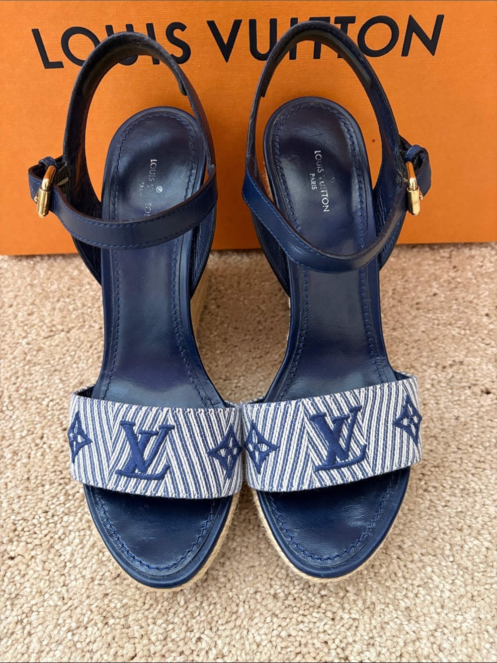Louis Vuitton Navy Monogram Striped Canvas Espadrille Wedge Sandals - Picture 2 of 8